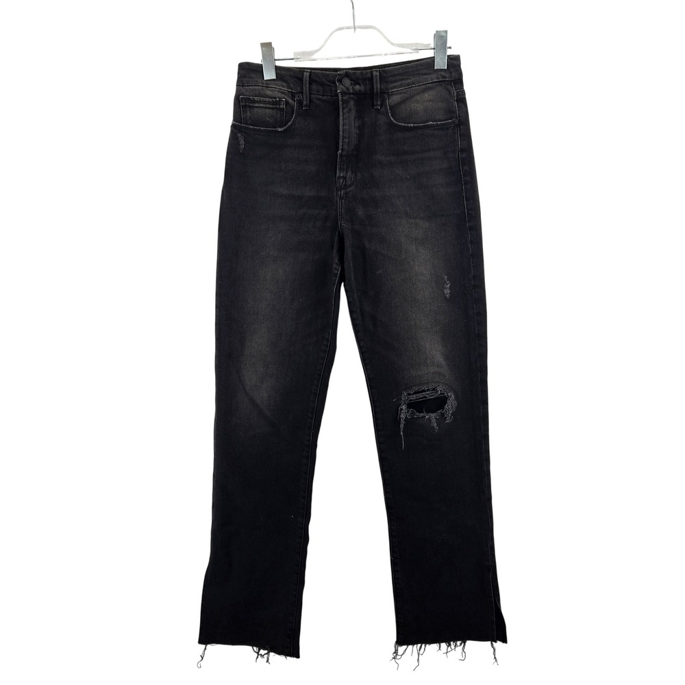 Good American High‎ Rise Straight Leg Jeans Black Distressed Raw Hem Size 6 28